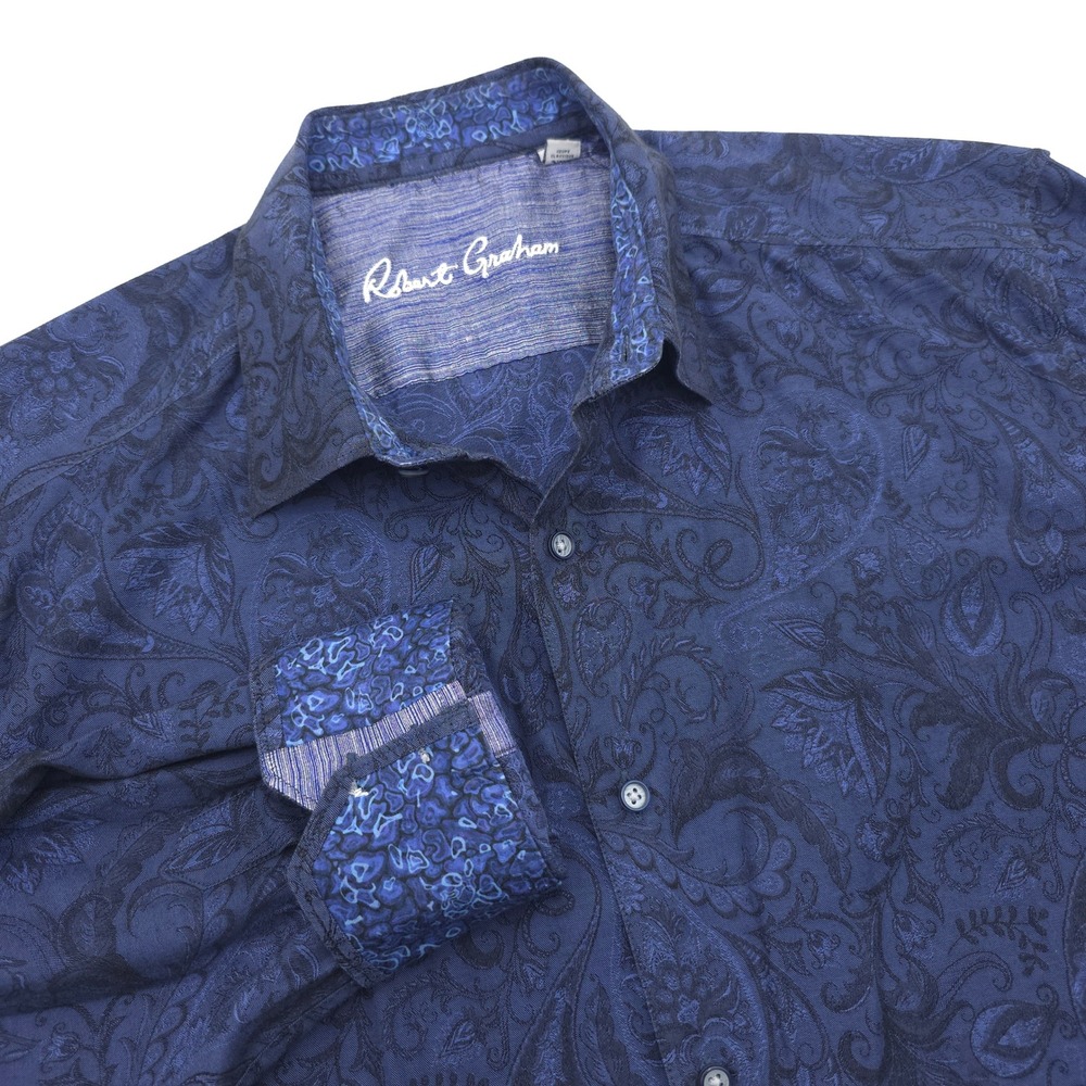 Robert Graham Mens 2XL Classic Fit Navy Blue Paisley Jacquard Button Down Shirt